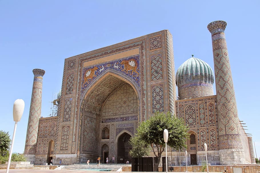 uzbekistan, mosque, samarkand, registan, registan square, blue capital, HD wallpaper