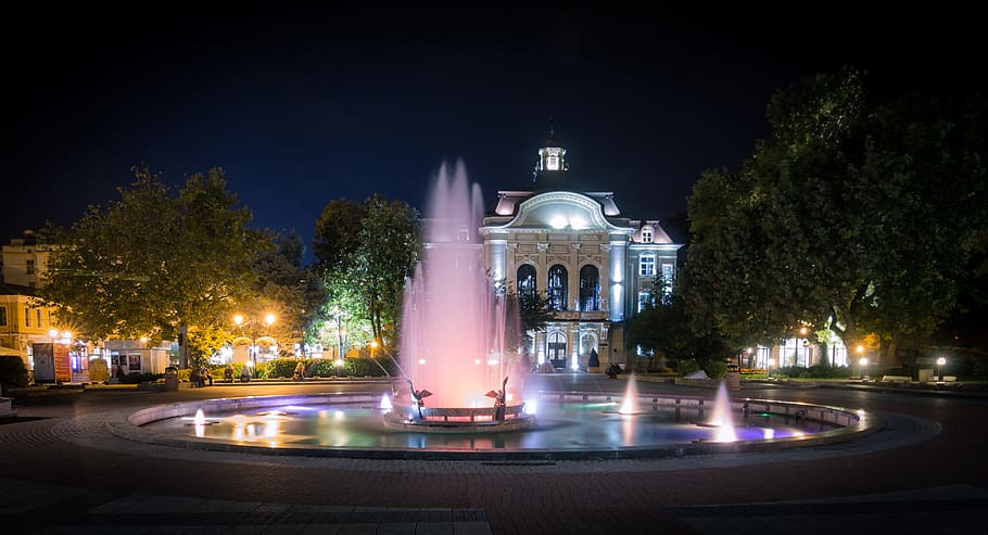 architecture, building, infrastructure, dark, night, fountain HD wallpaper