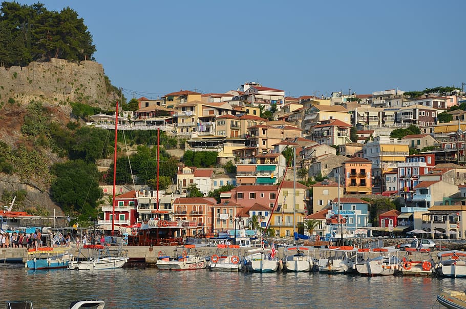 parga, epirus, greece, sea, port city, water, architecture, HD wallpaper