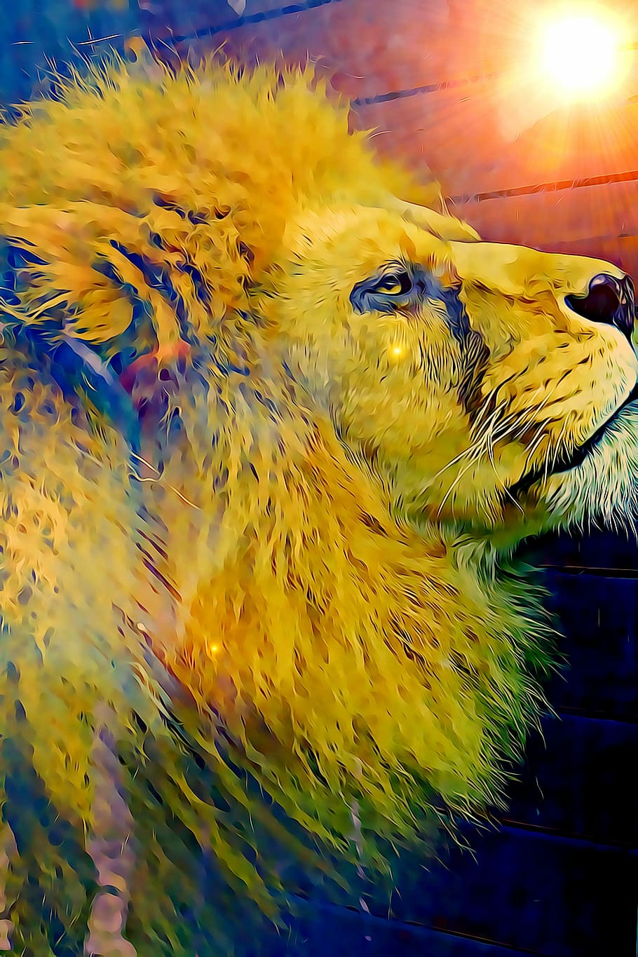 painting of yellow lion, digital, graphics, mane, is watching