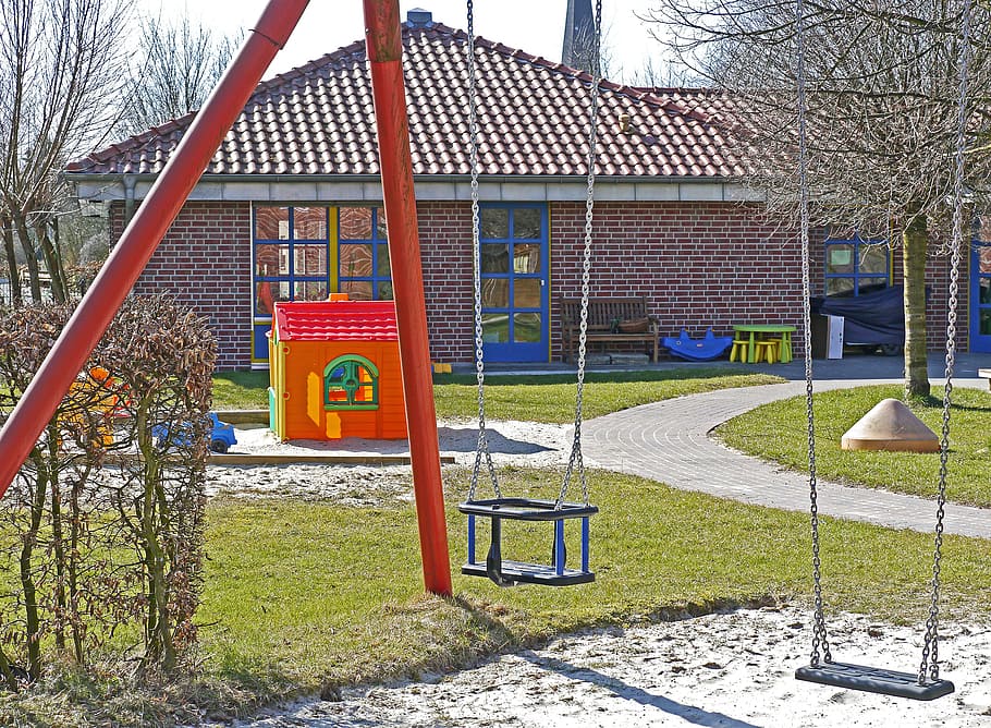 red and black swing playard, kindergarten, playground, sand pit HD wallpaper