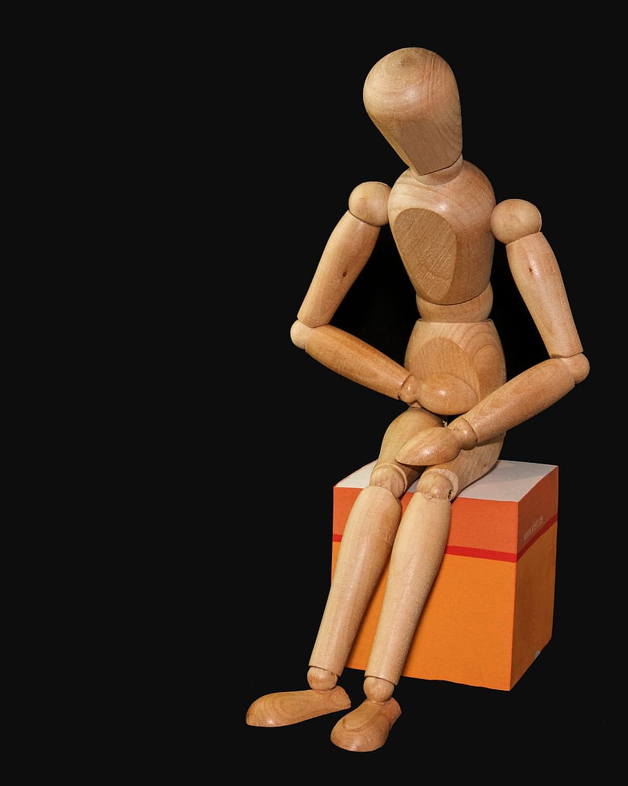 wooden human decor, figure, sit, bellyache, stomach ache, doll HD wallpaper