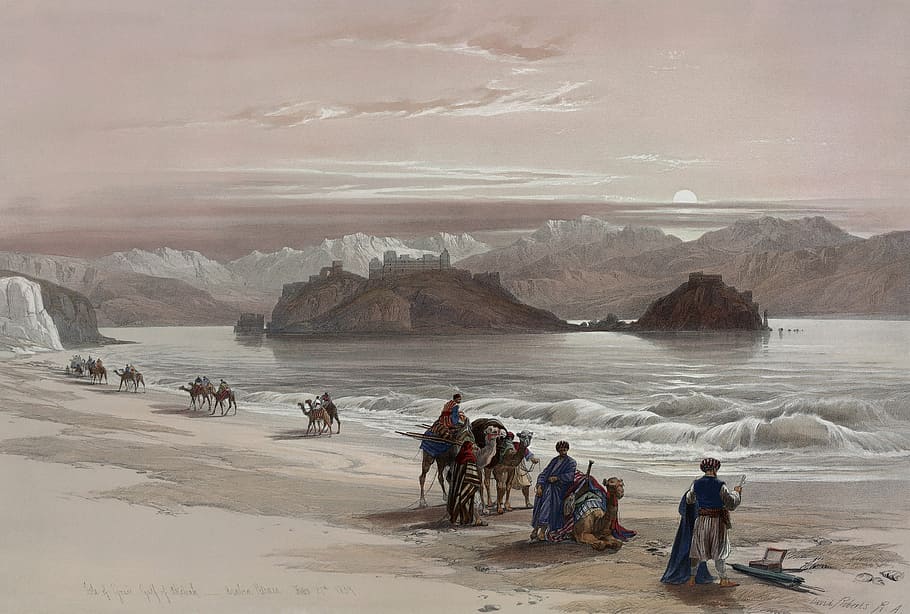 people with camel walking near ocean painting, bedouin, camel riders, HD wallpaper