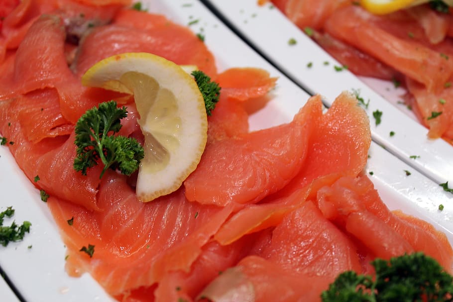 raw food on plate, salmon, parsley, lemons, buffet, cold buffet HD wallpaper