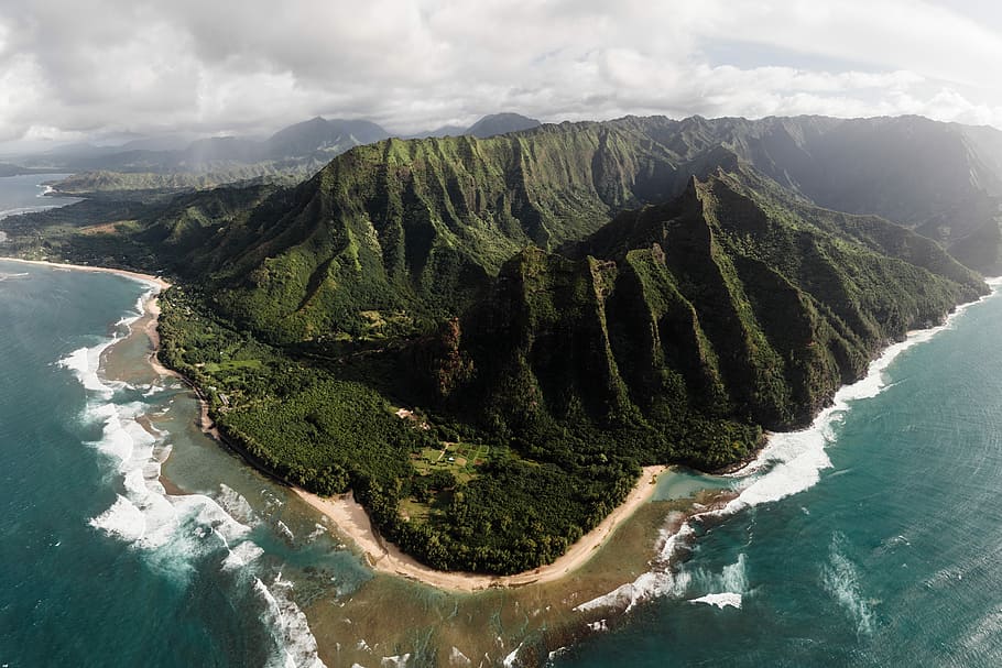 Napali Coast from Helicopter, aerial view of mountain during daytime