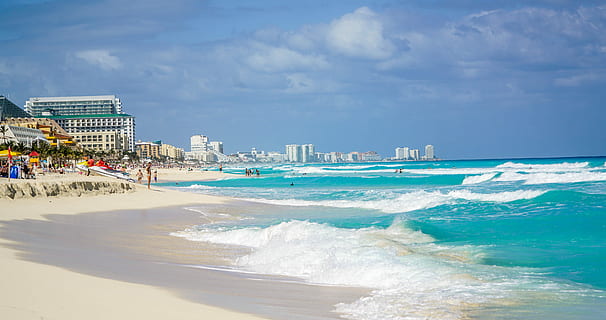 photo of beach near the establishment, white, cancun, mexico HD wallpaper