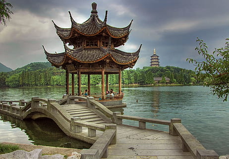 ancient pavilion of Hangzhou west lake at dusk, in China Stock Photo |  Adobe Stock