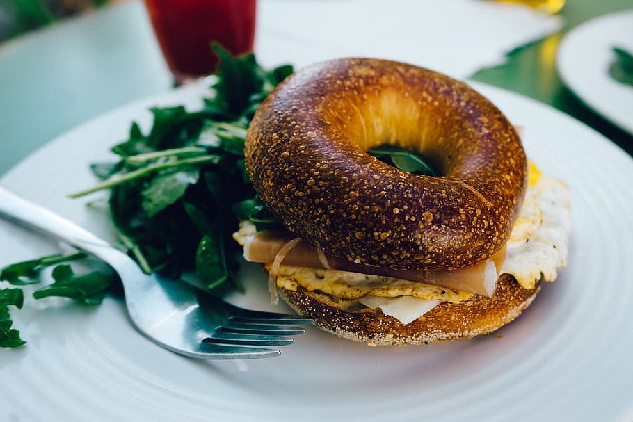 silver fork near donought, breakfast, bagel, ham, egg, sandwich HD wallpaper