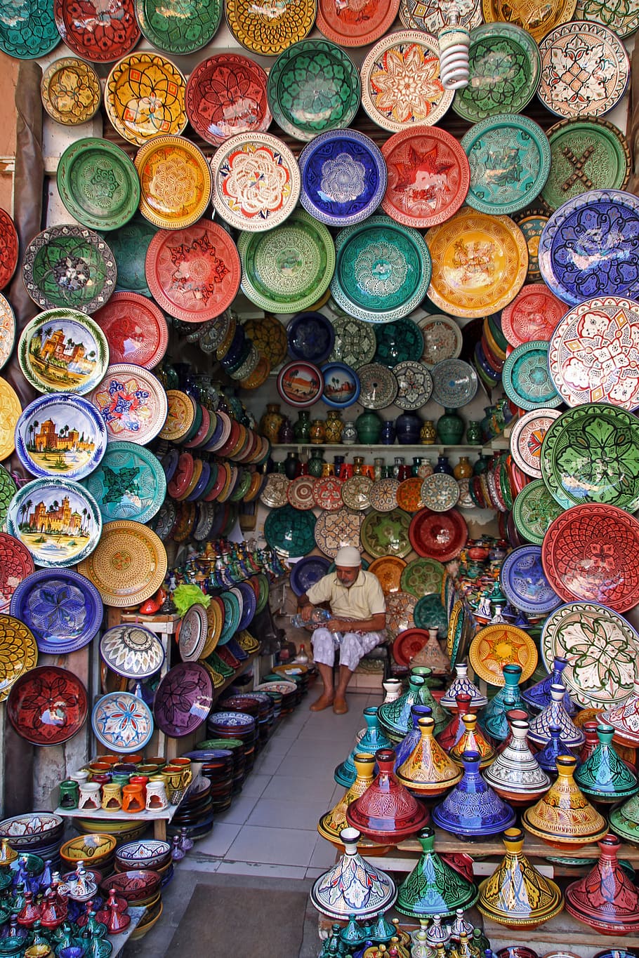 decorative plates and vase lot, marrakech, morocco, market, travel, HD wallpaper