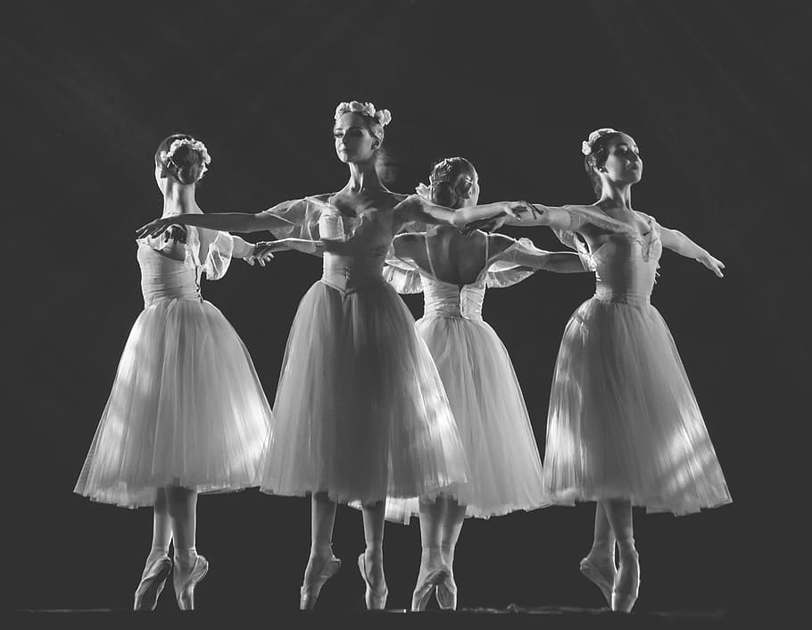 grayscale photo of four ballerinas dancing, ballet, ballet dancer