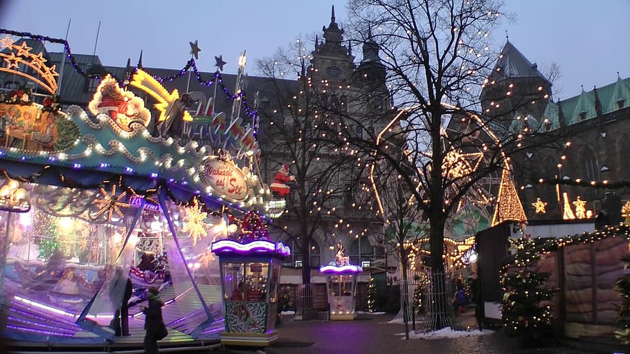 christmas market, twilight, bude, carousel, lighting, illuminated, HD wallpaper