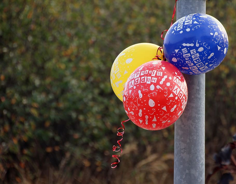 yellow, red, and blue balloons beside metal pipe, birthday, happy birthday