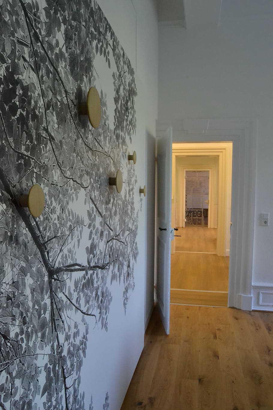 wardrobe, buttons, tree, motif, by looking, door open, wood floor HD wallpaper