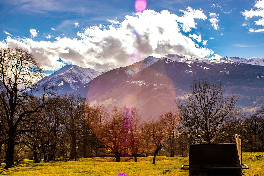 clouds, sky, blue, mountain, trees, fall, autumn, green, grass HD wallpaper