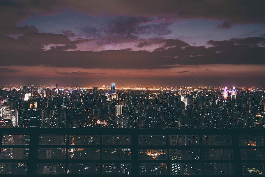 aerial view of city buildings during night, high angle photography of lighted city HD wallpaper