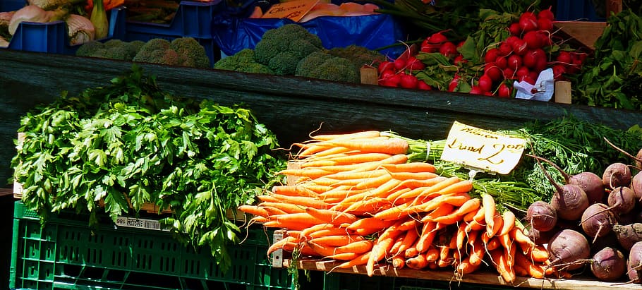 vegetables, carrots, salad, radishes, market, fresh, food, fruit, HD wallpaper