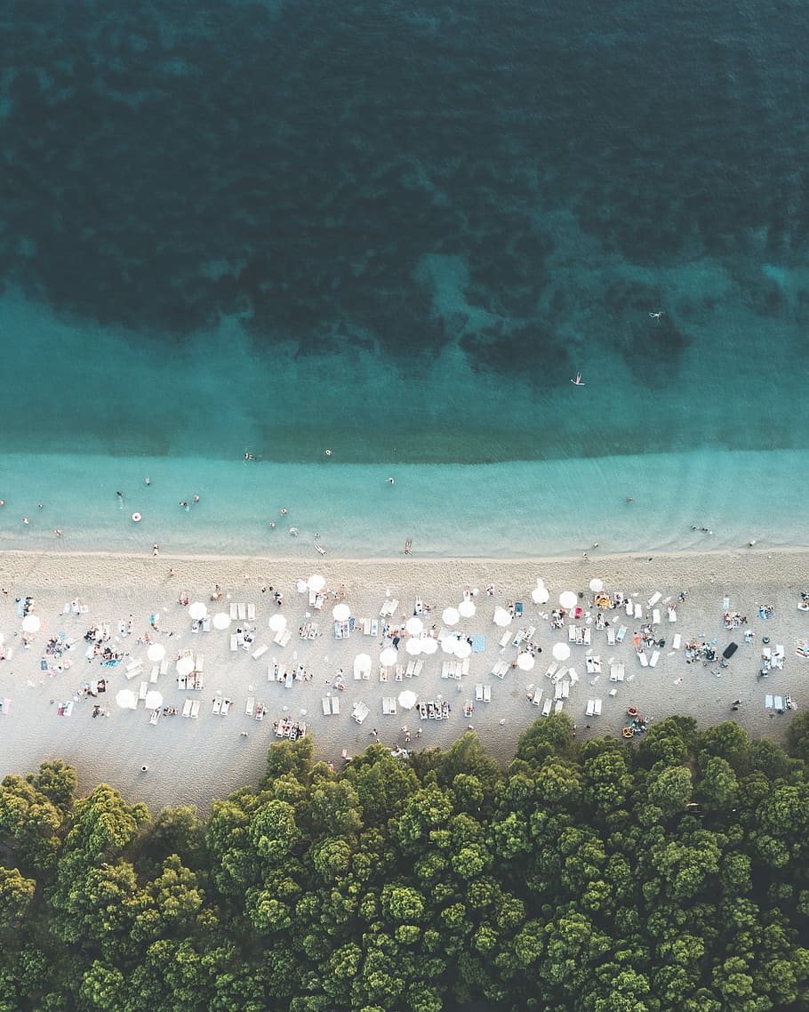 Croatian beach | Drone, people gathered on seashore in aerial photography, HD wallpaper