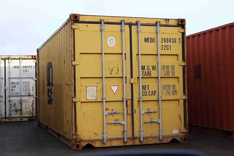 yellow, red, and white metal containers, shipping, shipping container