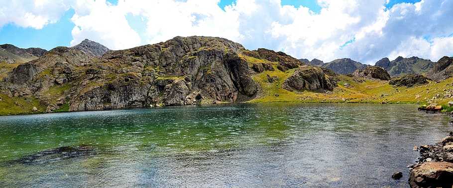 landscape, mountains, nature, water, background, calm, clouds HD wallpaper