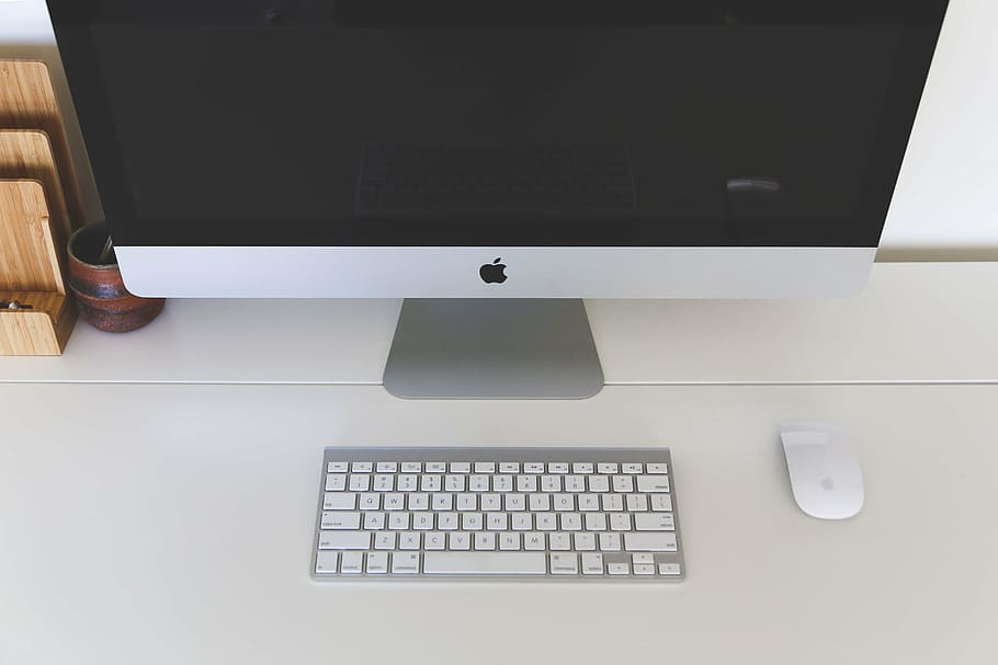 iMac Aluminum. silver Apple Magic Keyboard, and Magic Mouse on white surface HD wallpaper