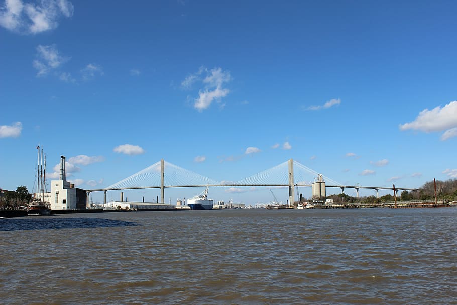 river, bridge, sky, cityscape, skyline, urban, water, savannah HD wallpaper