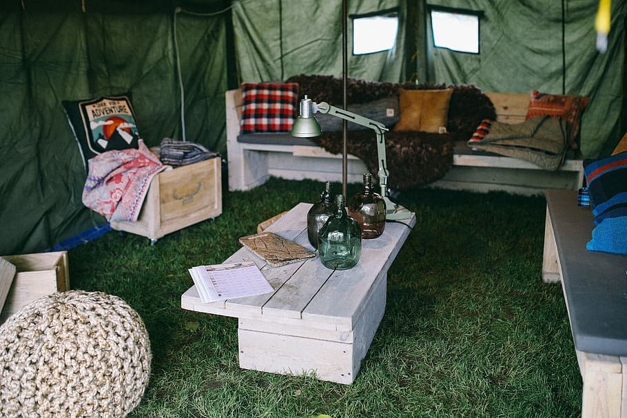 Interior of military styled tent, furniture, outdoor, wooden, HD wallpaper