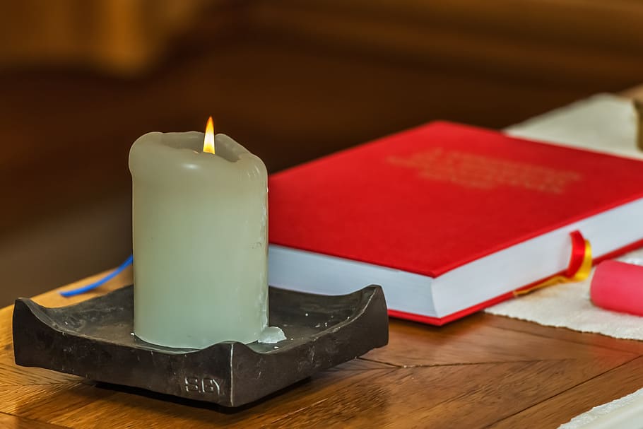 blue candle pillar near red book, light, flame, fire, mood HD wallpaper