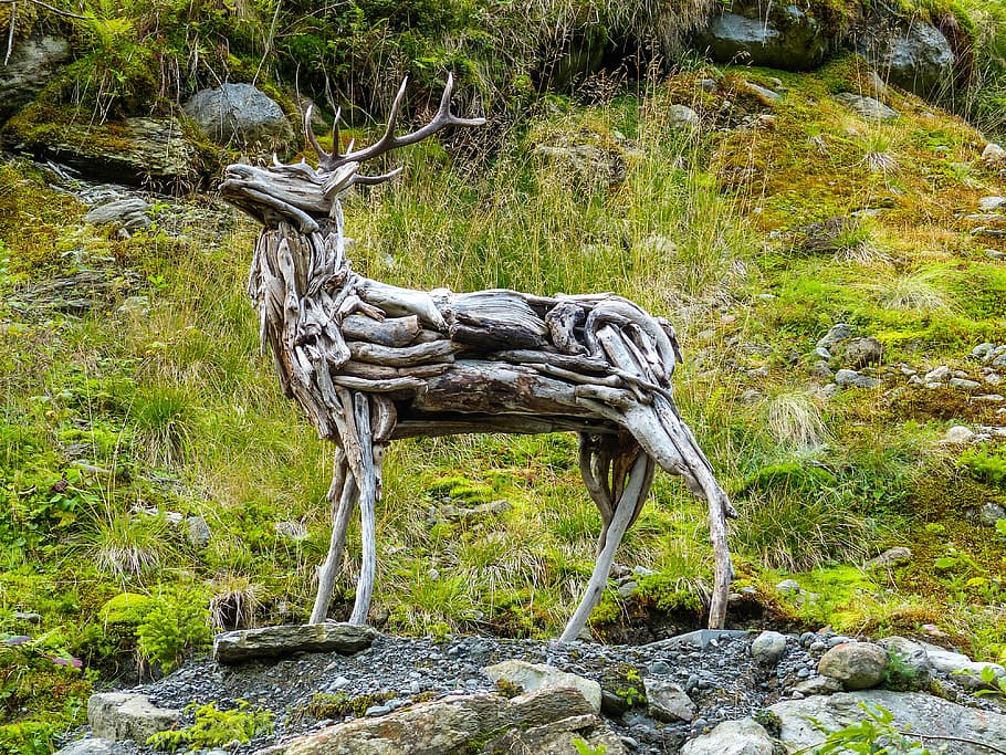 photo of brown wooden deer sculpture, hirsch, forest, meadow HD wallpaper