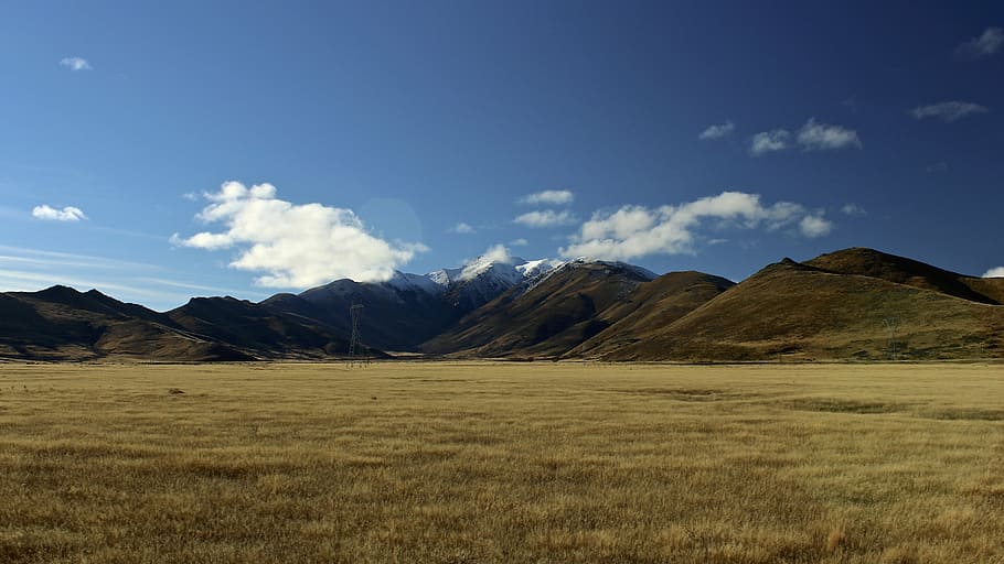 clouds, field, grass, grassland, highland, landscape, mountain range, HD wallpaper