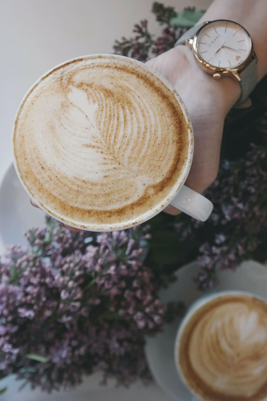 person holding white ceramic mug filled with cappuccino, coffee HD wallpaper