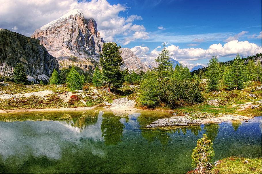 nature, sky, sand, clouds, cliffs, idyllic, lake, plants, river HD wallpaper
