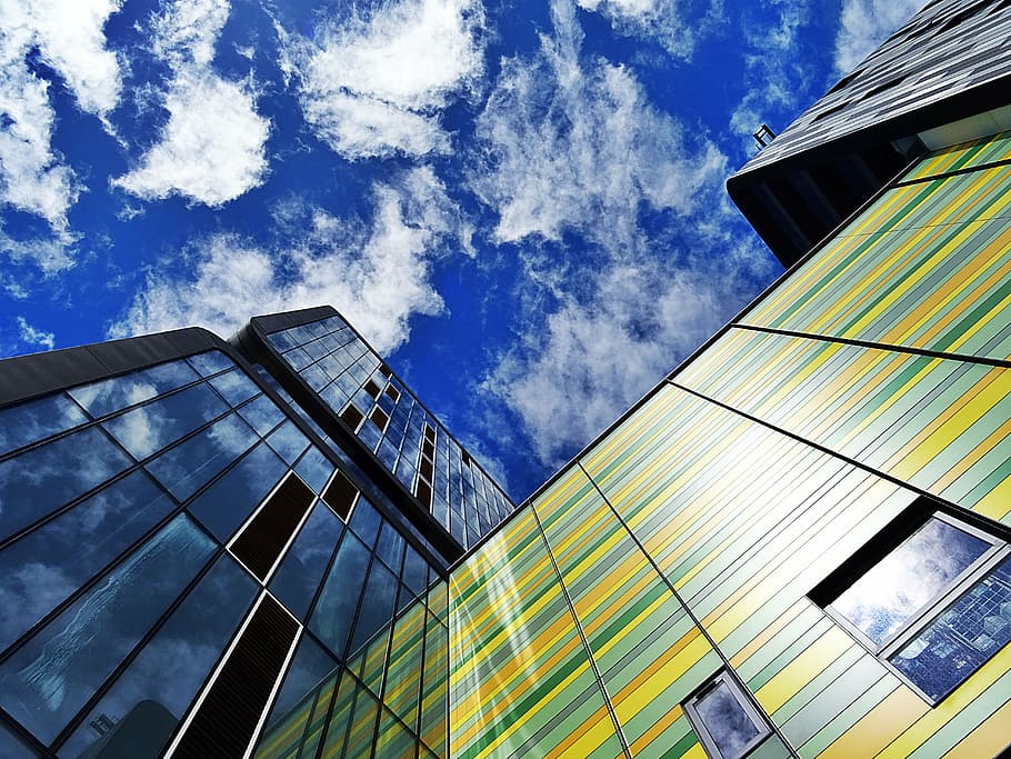 architecture, building, facade, glass, low angle shot, perspective HD wallpaper