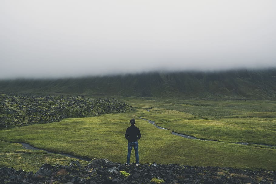 man standing while facing green land, person in black long-sleeved top standing on mountain during daytime HD wallpaper