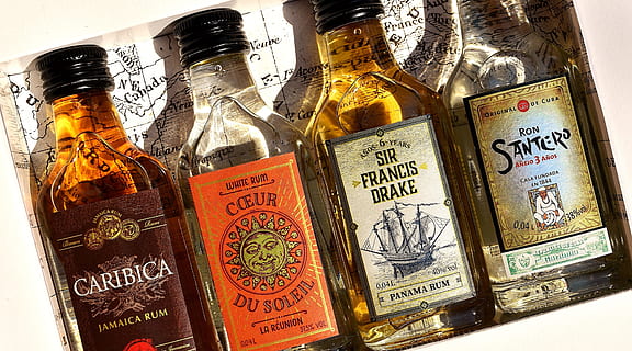 four assorted glass bottles, Rum, Alcohol, Origin, different origin HD wallpaper