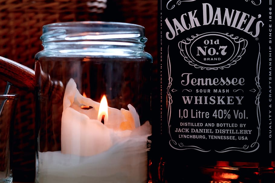 candle, glass, drink, whiskey, alcohol, bottle, jack, jack daniels, HD wallpaper