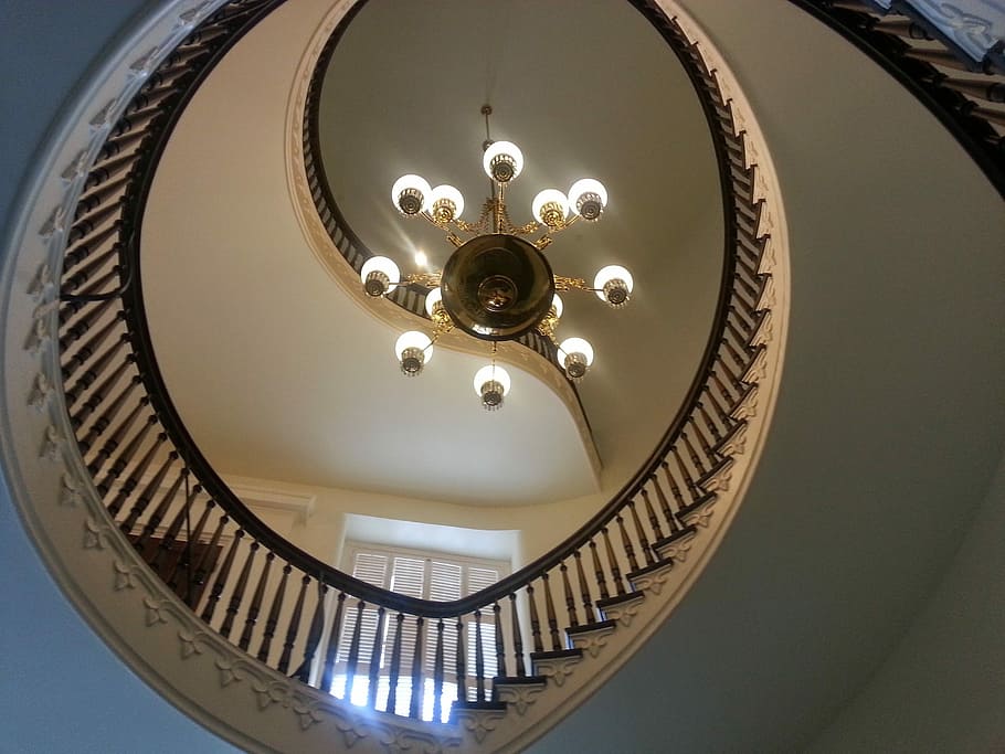 Stairs, Chandelier, Lights, Staircase, decorated, railing, interior