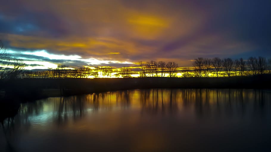 sunrise, winter, cold, bald trees, frozen, icy, skies, winter sunrise HD wallpaper