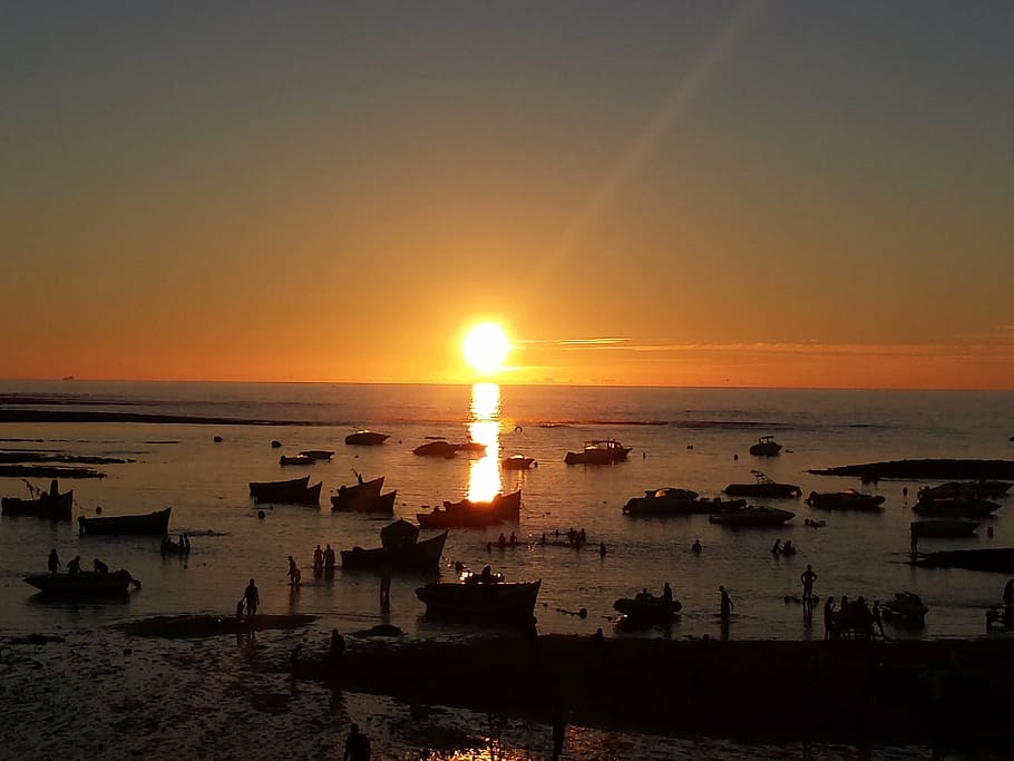 body of water, sunset, casablanca, beach, morocco beach, sky HD wallpaper