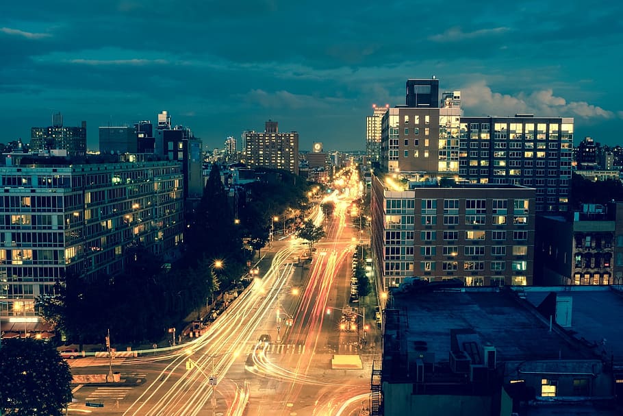 time lapse photo of city buildings, night, lights, streets HD wallpaper
