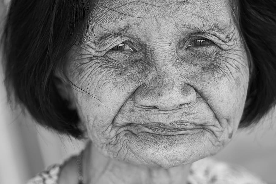 grayscale photo of woman smiling, old, human, portrait, black and white