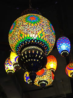 black stained glass lamps, lanterns, moroccan, lighting, bright HD wallpaper