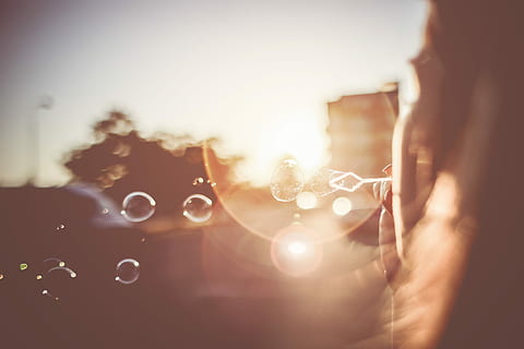 Girl Blowing Bubbles in the Sunset Evening, abstract, colorful HD wallpaper