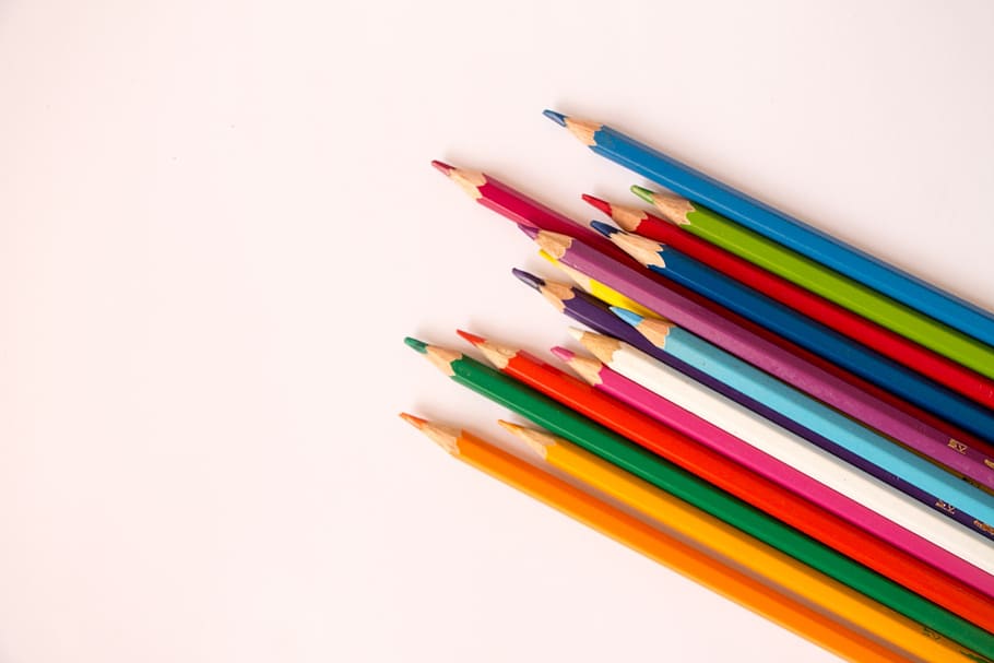 flat lay photography of assorted-color pencil lot, design, creative HD wallpaper