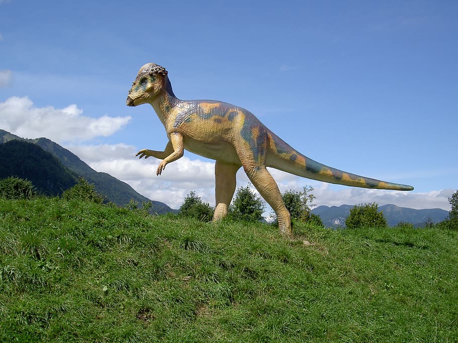 dinosaur, standing, with your hands, grass, mountains, park HD wallpaper