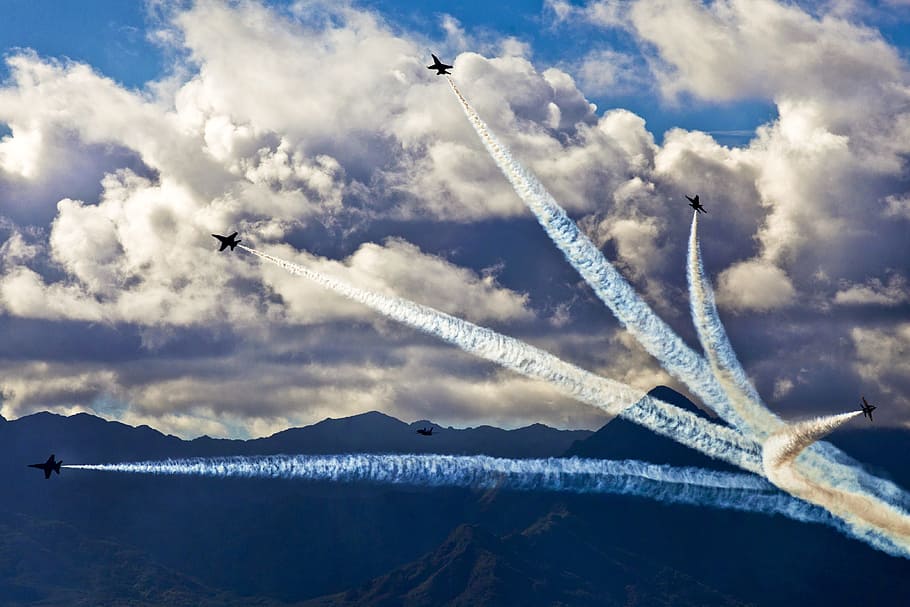 five jet planes with white smoke on sky, air show, blue angels