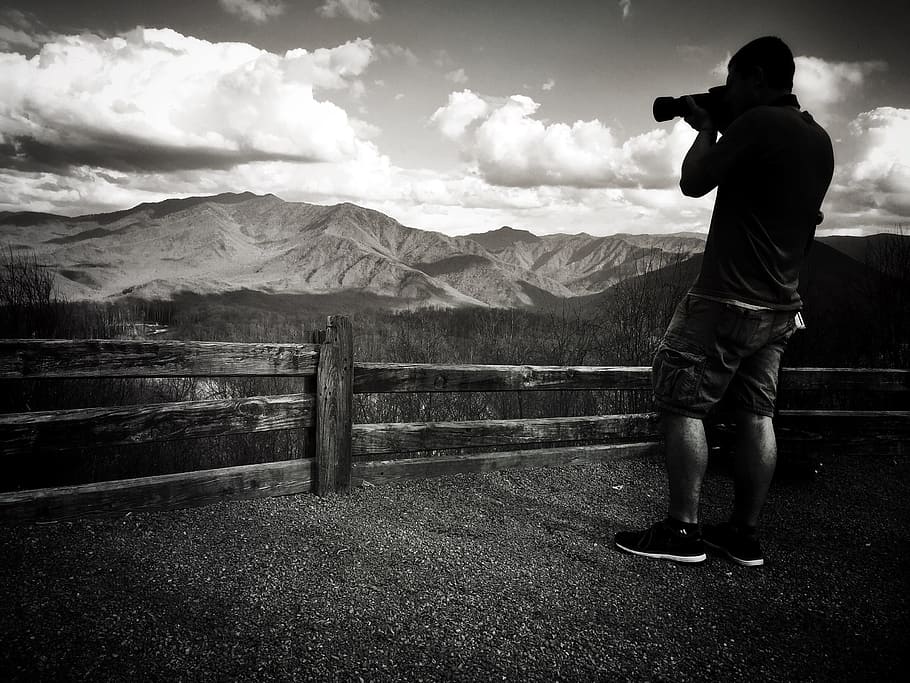 grayscale photography of person taking photo, mountains, landscape HD wallpaper