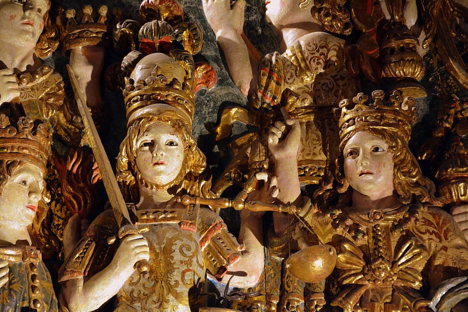 statues, warriors, sword, human representation, male likeness HD wallpaper