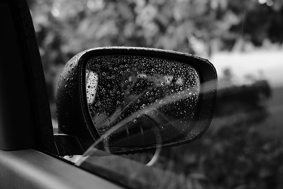 grayscale photo of unpaired car side mirror, Car, Window, rain