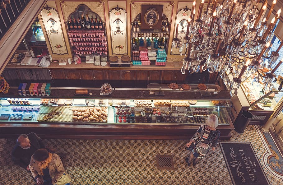 restaurant, bread, cakes, pastry, food, bakeshop, drink, people HD wallpaper