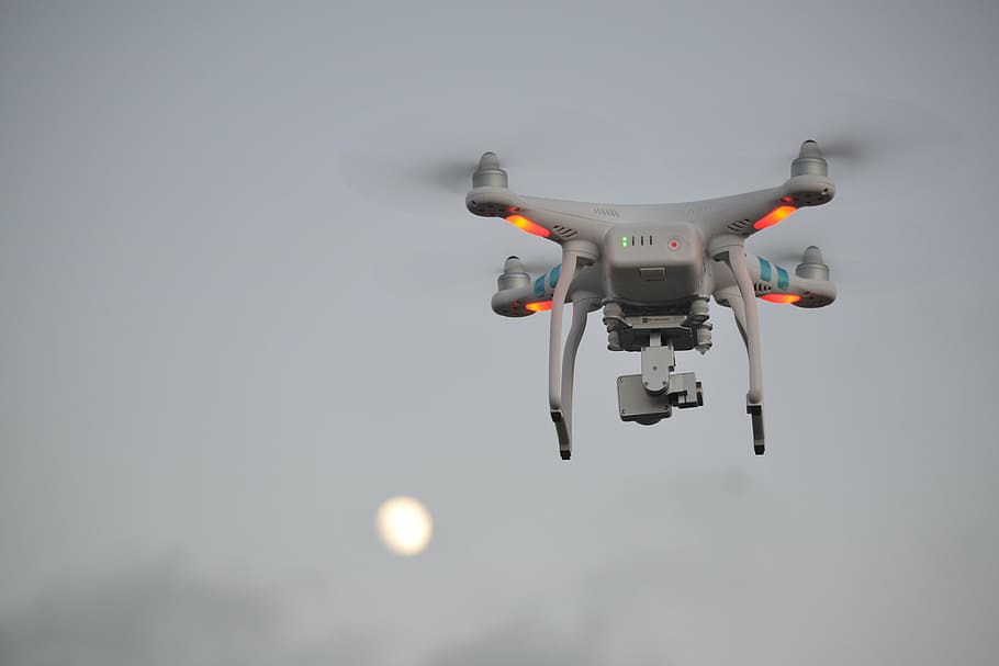 flying white quad-copter drone, quadcopter, rc, float, aircraft HD wallpaper